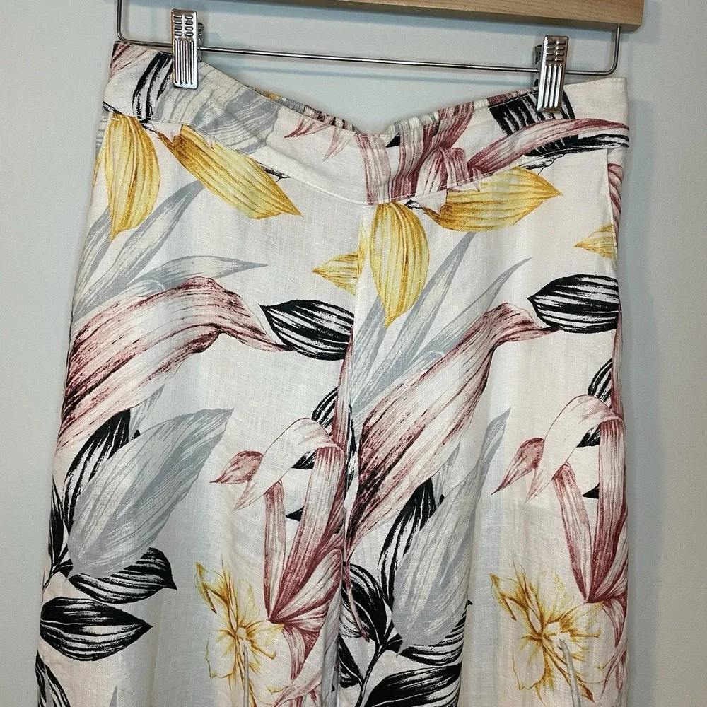C&C California‎ Womens Sz Small 100% LINEN Floral Cropped Wide Leg Pants Trouser